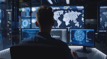 Fototapete - Network Security Expert Monitoring Global Data in a Dark Control Room