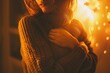 Close-up of a woman clutching her abdomen in excruciating pain, warm yellow lighting 01