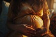 Close-up of a pregnant woman's face, soft focus, warm glow, hands resting on her growing belly 02