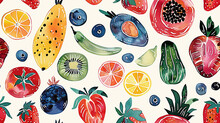 Seamless Wallpaper Pattern Of Watercolor Illustration Of Variety Of Fruits And Vegetables, On White Background