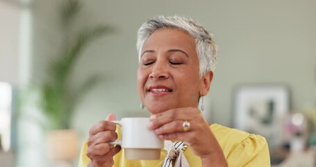 Poster - Old woman, coffee and relax morning in home for calm weekend with warm drink for resting, peace or aroma. Female person, smile and smelling caffeine in apartment for holiday, retirement or comfort