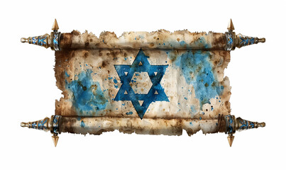 Wall Mural - Old torah scroll with Star of David isolated on white background. Judaism religious symbol. Bible exodus torah. Happy Passover celebration, Yom Kippur, Purim. Watercolor illustration
