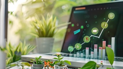 Poster - A modern laptop computer placed on a sturdy wooden desk with a clean and organized workspace, Conceptual Video of digital marketing strategies and growth