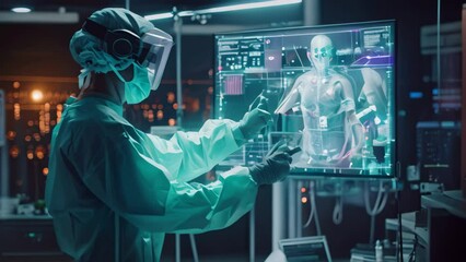 Poster - A doctor carefully analyzes a human Video displayed on a computer screen in a medical setting, Conceptual Video of technological advancements in healthcare
