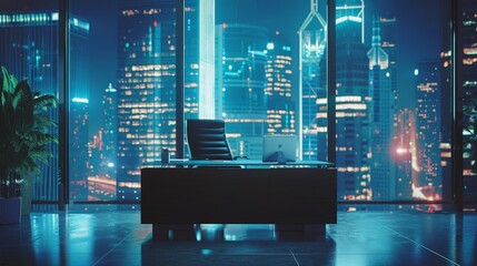Poster - A 3d rendering of a desk in a room with city lights shining through the window  AI generated illustration