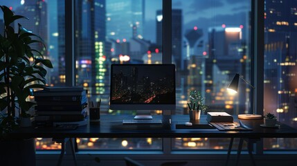 Poster - A 3d rendering of a desk in a workspace with city lights shining in  AI generated illustration