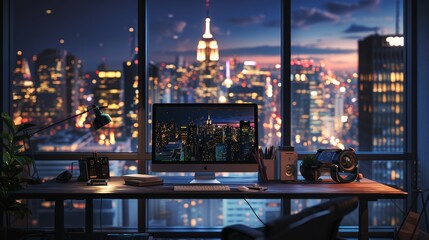 Poster - A 3d rendering of a desk in a workspace with city lights shining in  AI generated illustration