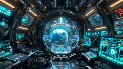 Poster - A 3d rendering of a high-tech spaceship interior  AI generated illustration