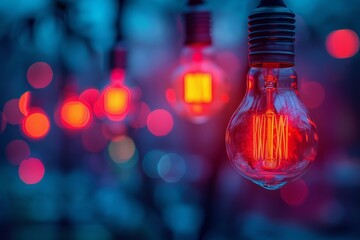 Poster - A close-up of glowing red filament bulbs among others, creating a warm, festive bokeh effect