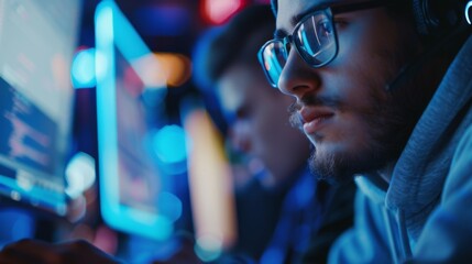 Poster - Man With Glasses and Headphones Working on Computer