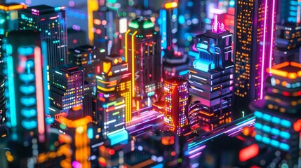 Wall Mural - A close up of a neon colored cyberpunk cityscape at night  AI generated illustration