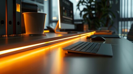 Poster - A closeup of a desk in a contemporary office illuminated by night lights  AI generated illustration