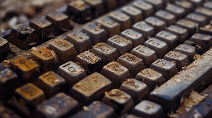 Fototapete - A close-up of a keyboard with worn-down keys from years of use  AI generated illustration