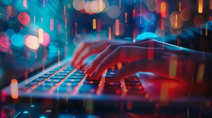 Poster - A close-up of a persons hands typing on a keyboard with speed and precision  AI generated illustration