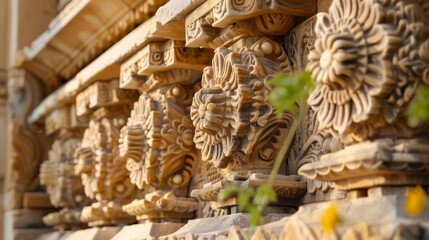 Wall Mural - A close-up of ornate carvings on a historical monument  AI generated illustration