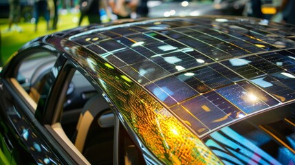 Sticker - A close-up of the solar panels on a green energy car  AI generated illustration