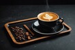 Cup of coffee served on a tray on dark background