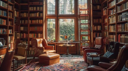 Wall Mural - A cozy library with floor-to-ceiling bookshelves and overstuffed armchairs  AI generated illustration