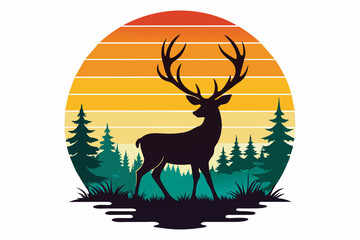 t-shirt-design-with-sunset--in-silhouette-deer vector illustration