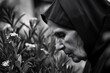 Intimate glimpse of a nun's face in the convent courtyard, her expression peaceful as she tends to the garden in solitude 03
