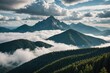 Clouds floating over forested mountain peaks