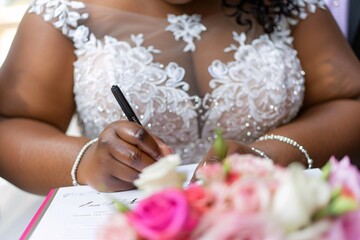 Wall Mural - Close-up shot of the obese bride's hands as she signs the marriage certificate, sealing their union with love and commitment 03