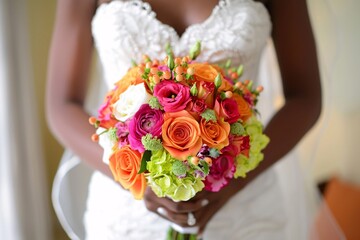Wall Mural - Close-up shot of the bride's vibrant bouquet, adding a pop of color to her ensemble 02