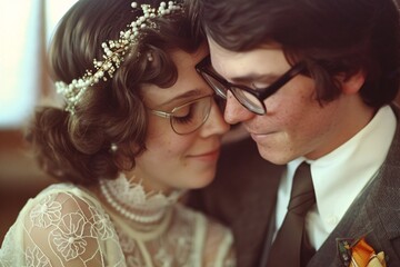 Wall Mural - Close-up shot of a retro wedding photo from the 1970s capturing the tender embrace between a young bride and her partner 02