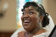 Close-up shot capturing the joyful expression of the obese bride, her eyes shining with happiness and excitement as she says 