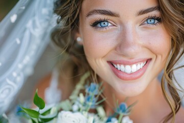 Wall Mural - Close-up of the bride's radiant smile, her blue eyes sparkling with happiness and anticipation on her wedding day 04