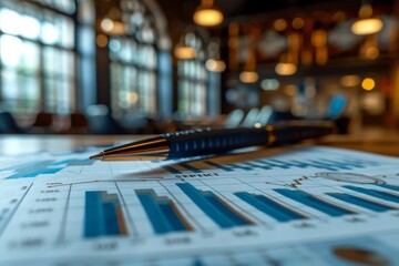 Poster - Selective focus shot of a pen resting on detailed financial graphs and charts, conveying analysis and business strategy