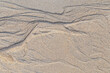 Abstract shapes and patterns in the grainy sand on the beach on a sunny day, viewed from above. Abstract textured natural sandy background, top view. Copy space.