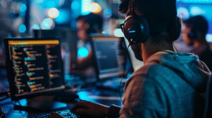 Poster - Man With Headphones Working at Computer