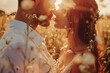 Up-close perspective of a bride and groom exchanging a loving glance, bathed in warm sunlight, amidst a field of blooming flowers, symbolizing the start of their journey together 01