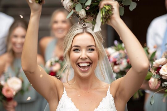 Up-close perspective of a blue-eyed blonde bride's radiant smile as she tosses her bridal bouquet into the air, surrounded by laughter and anticipation for the next chapter of her life 01