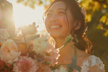 Wall Mural - Tight shot of a bride tossing her bouquet, amidst laughter and cheers, under the glow of sunlight, marking the start of a new chapter in marriage 02