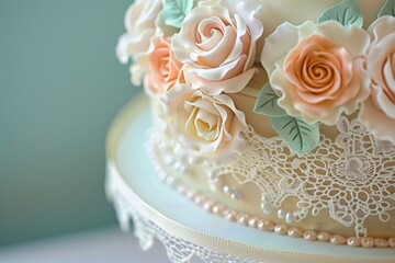 Wall Mural - Intimate view of a miniature wedding cake featuring intricate lace icing, pastel-colored sugar roses, and dainty fondant pearls, set on a vintage-inspired cake stand 04