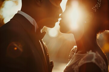 Wall Mural - Intimate view of a groom's whispered promise to his bride, against a backdrop of sunlight, symbolizing the depth of love and devotion found in marriage 02