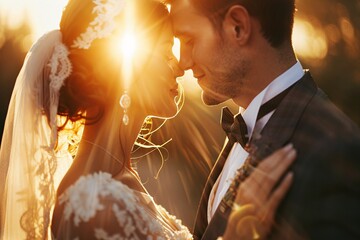 Wall Mural - Intimate view of a groom's whispered promise to his bride, against a backdrop of sunlight, symbolizing the depth of love and devotion found in marriage 01
