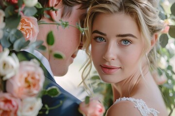 Wall Mural - Intimate shot of a young woman, a blonde beauty with captivating blue eyes, sharing a tender moment with her groom, framed by a romantic archway adorned with fresh flowers 02