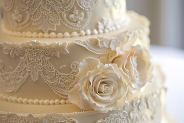 Wall Mural - Intimate shot of a vintage-style wedding cake adorned with lace appliques, edible pearls, and classic rose accents, evoking a sense of timeless charm and grace.