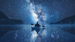 A night kayaker pausing on a still lake to admire the reflection of the Milky Way.
