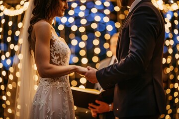 Wall Mural - Detailed shot of a bride and groom exchanging wedding vows, representing diverse backgrounds, under a canopy of twinkling fairy lights, encapsulating the beauty and solemnity of marriage 01
