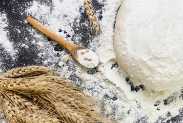 Raw dough flour and ears of wheat on black background top view Home baking concept