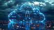 Cloud computing security technology concept transfer database to cloud. There is a large cloud icon with a lock that stands out with a dark blue background.