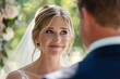 Close-up of a blonde bride's blue eyes filled with love and admiration as she gazes at her soon-to-be spouse during the wedding ceremony, their bond evident in every glance and touch 01