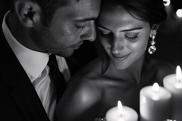 Wall Mural - Close-up of a bride and groom's loving embrace, their faces illuminated by soft candlelight, amidst a cozy, intimate setting, radiating warmth and affection 08