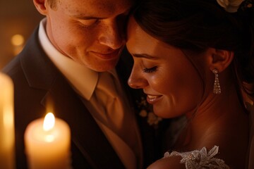 Wall Mural - Close-up of a bride and groom's loving embrace, their faces illuminated by soft candlelight, amidst a cozy, intimate setting, radiating warmth and affection 05