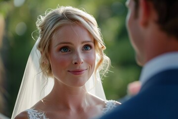 Wall Mural - Close-up of a blonde bride's blue eyes filled with love and admiration as she gazes at her soon-to-be spouse during the wedding ceremony, their bond evident in every glance and touch 03