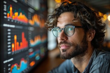 Poster - An individual examining financial charts on multiple monitors with analytical focus
